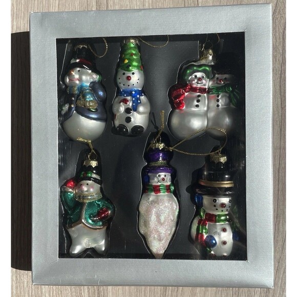 Vintage Set Of 6 Lubeck Glass Blown Snowman Ornaments Ames Hat - Picture 1 of 15
